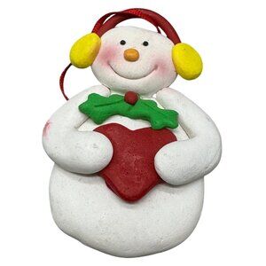 Handmade Christmas Clay Snowman Holding Red Heart Ornament 3" Tall READ